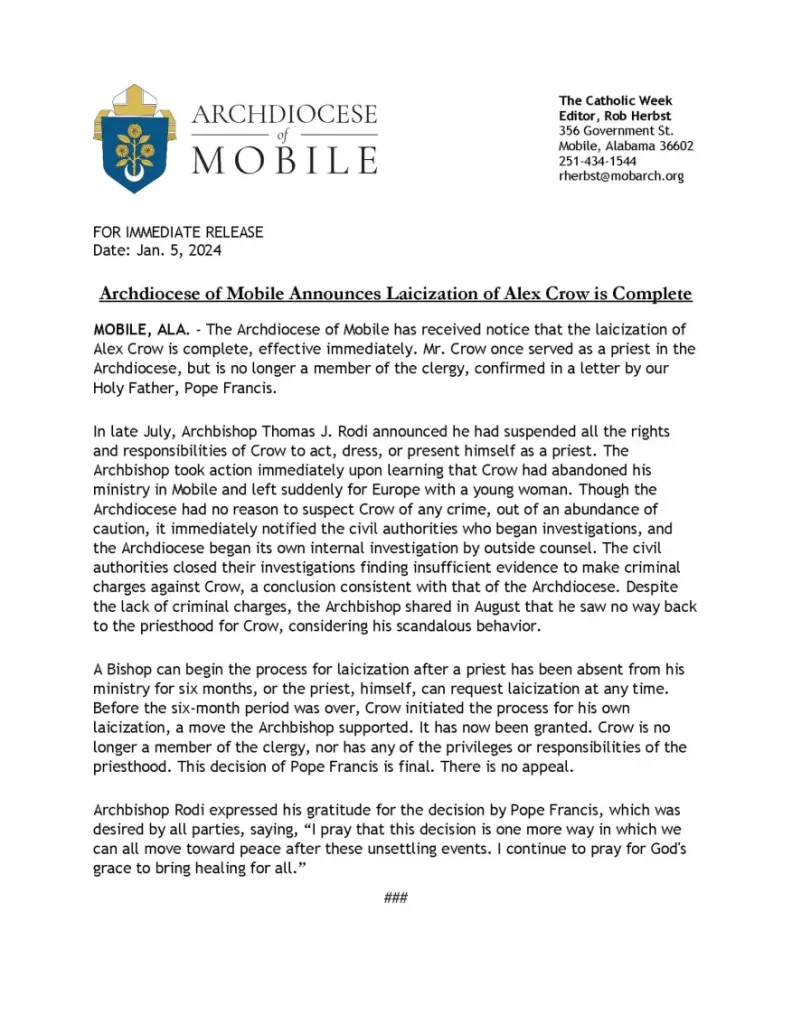 full statement from the archdiocese regarding Alex Crow
