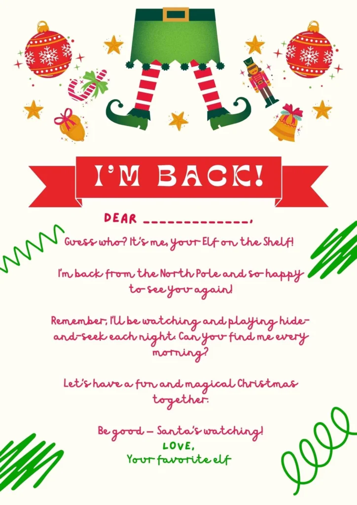 Elf on the shelf i'm back letter template