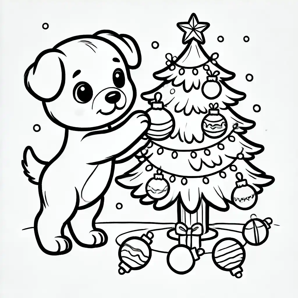 Puppy Decorating the Christmas Tree