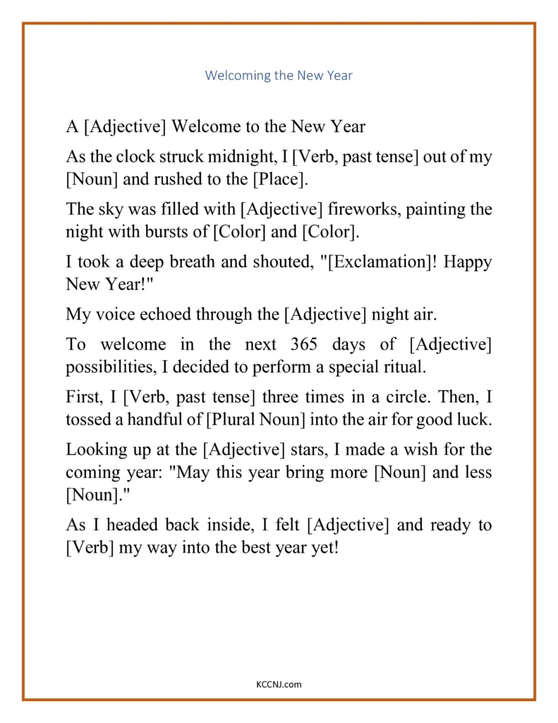 Welcoming the New Year Mad Lib