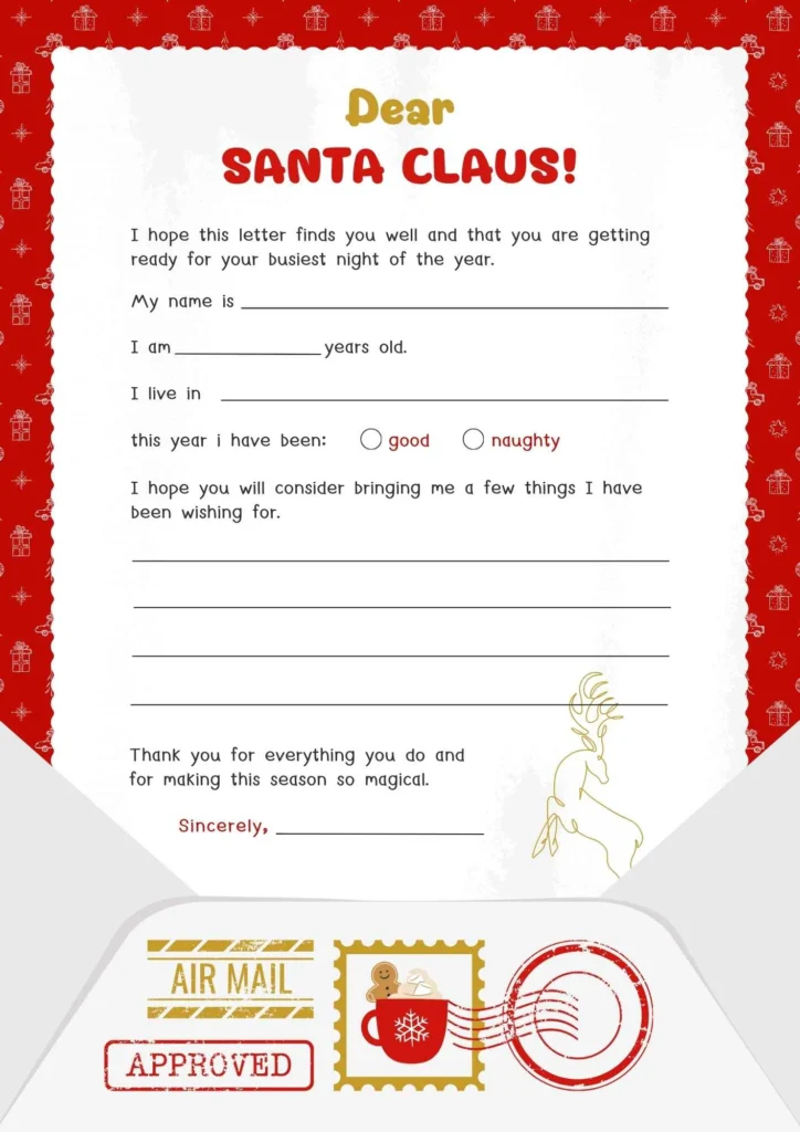 White and Red Playful Illustrated Christmas Kids Wish List Santa Letter