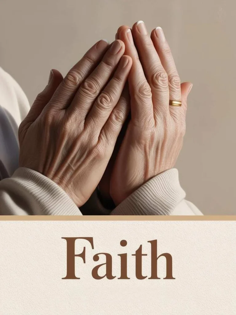 A close-up of hands folded in prayer with Faith in simple lettering church bulletin cover