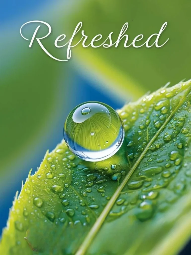 A macro shot of a single water droplet on a leaf with Refreshed