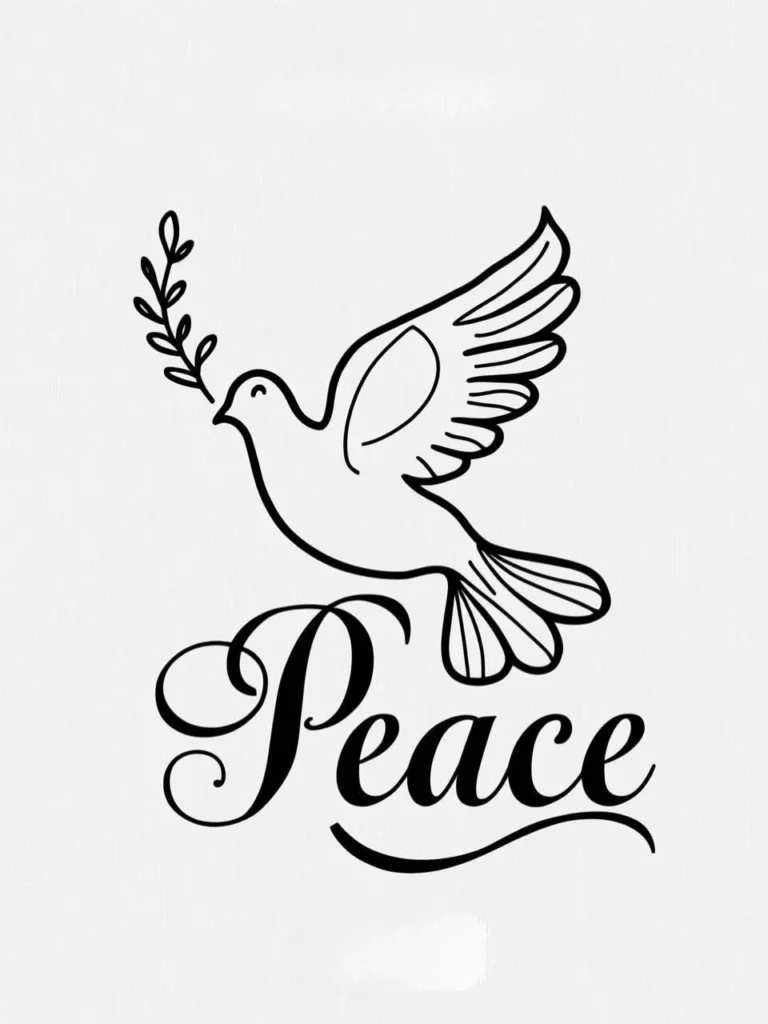 A minimalist line drawing of a dove with Peace in flowing script