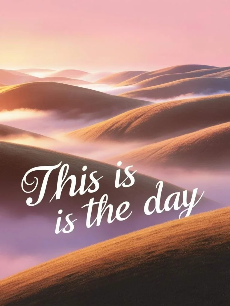 A serene landscape of rolling hills at sunrise with This is the Day