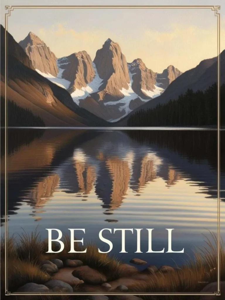 A tranquil lake reflecting mountains with Be Still in small text