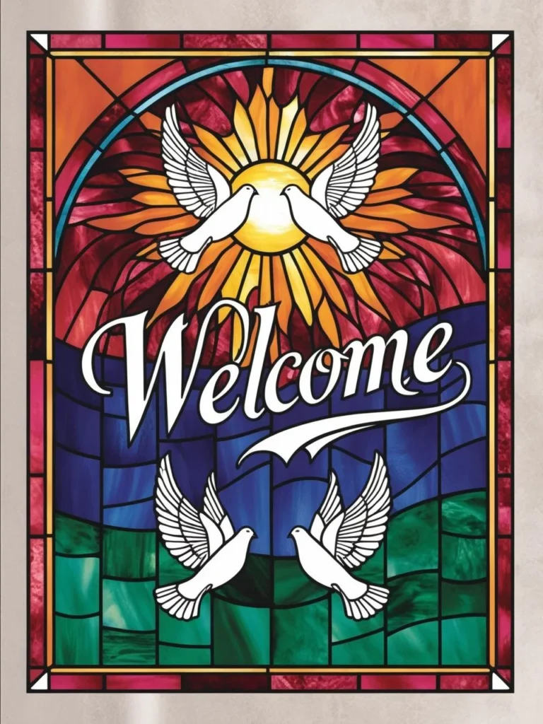 A vibrant stained glass window with Welcome in elegant script