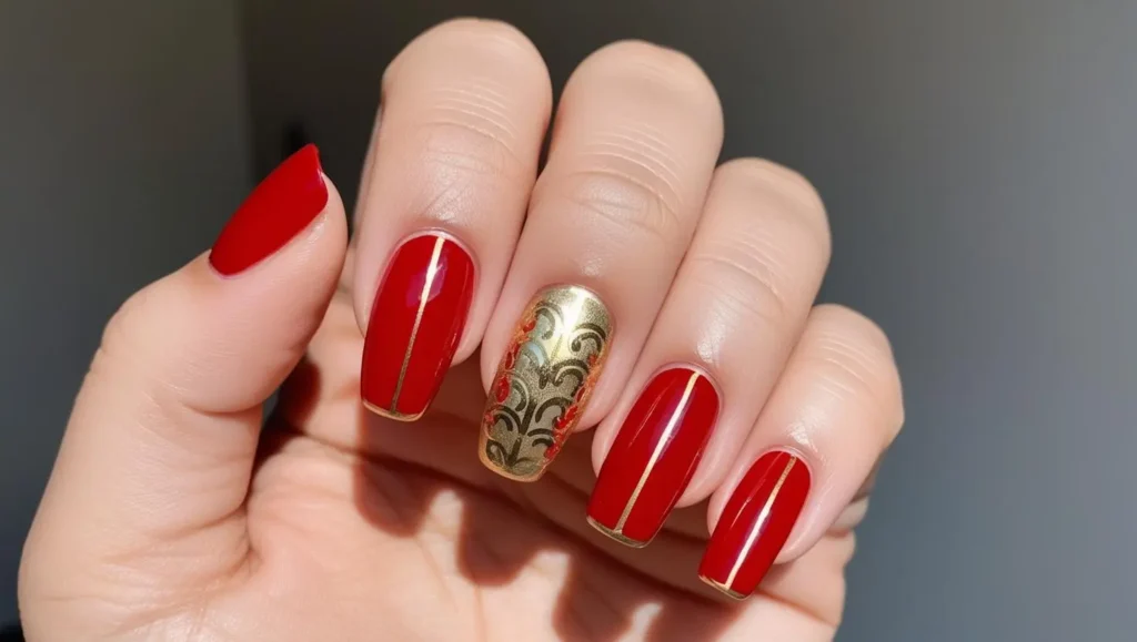 Alternating red and gold chinese new year nails