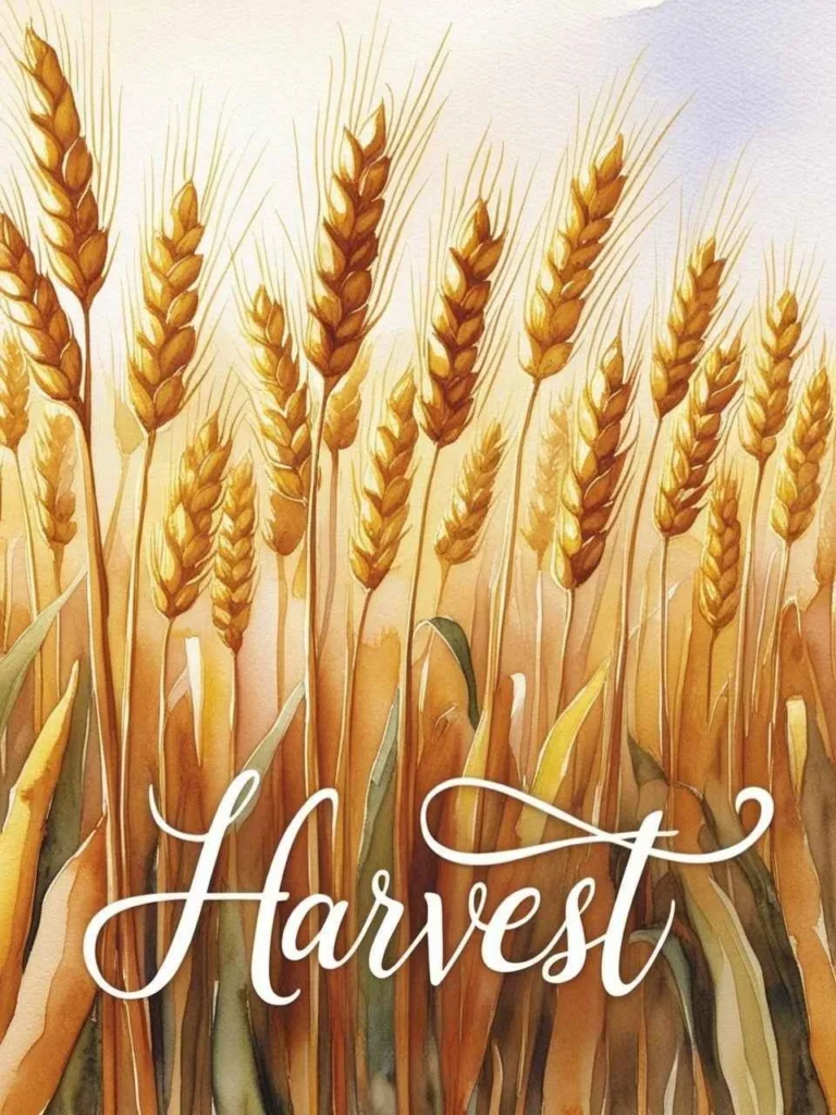 An artistic rendition of wheat stalks with Harvest in thin lettering Bulletin Cover