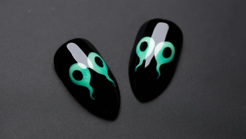 Black nails with glowing green snake eyes