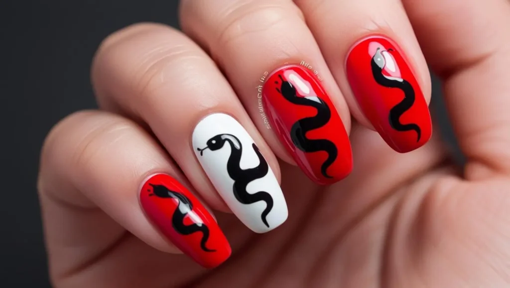 Black snake silhouette on red nails