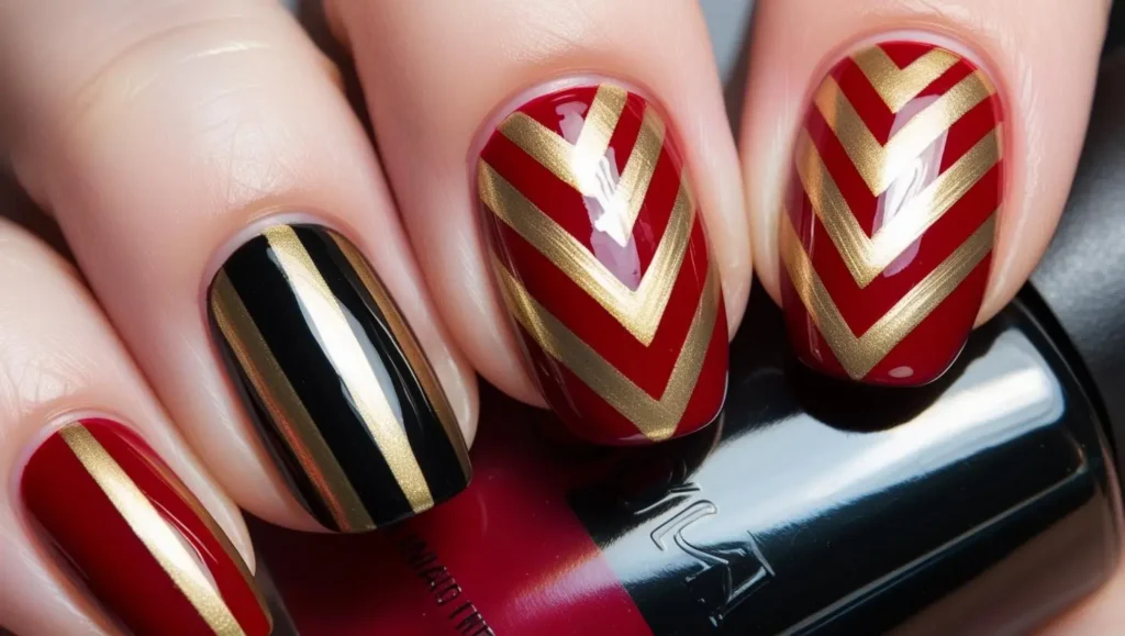 Chevron design in red, gold, and black