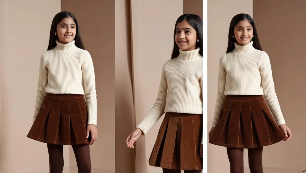 Corduroy Skirt with Turtleneck and Tights