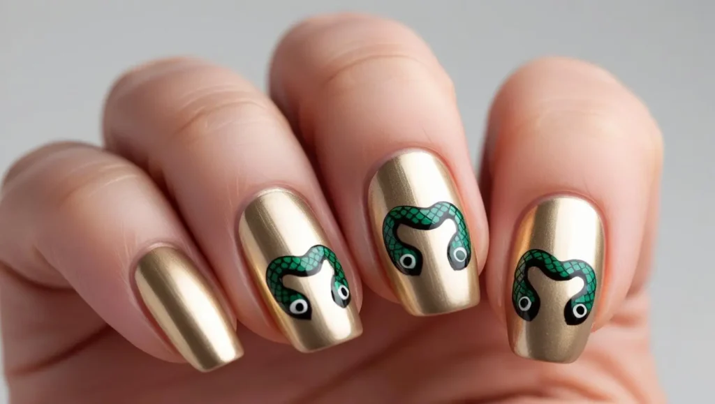 Gold nails with black and green snake eyes