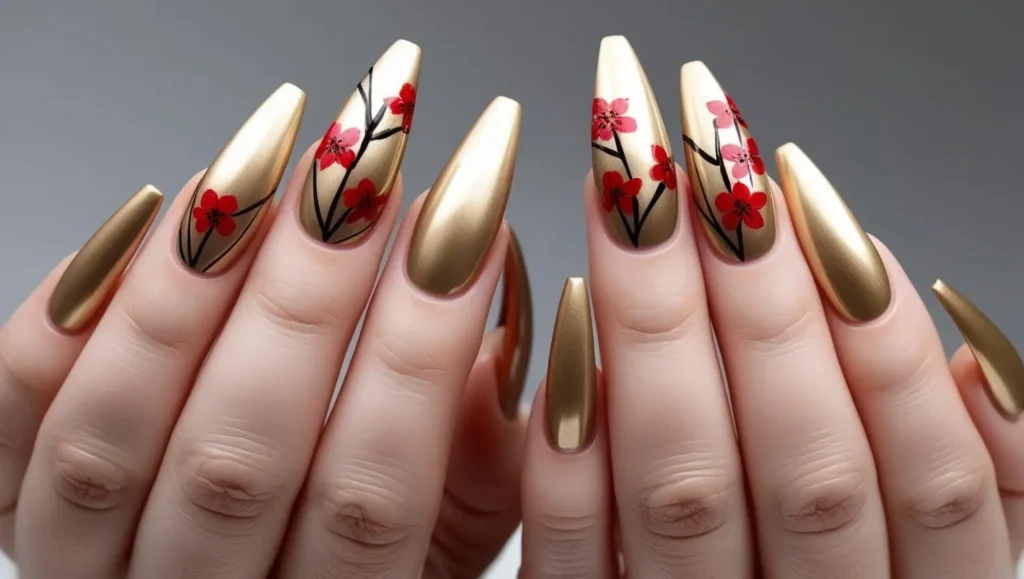 Gold nails with red cherry blossom design