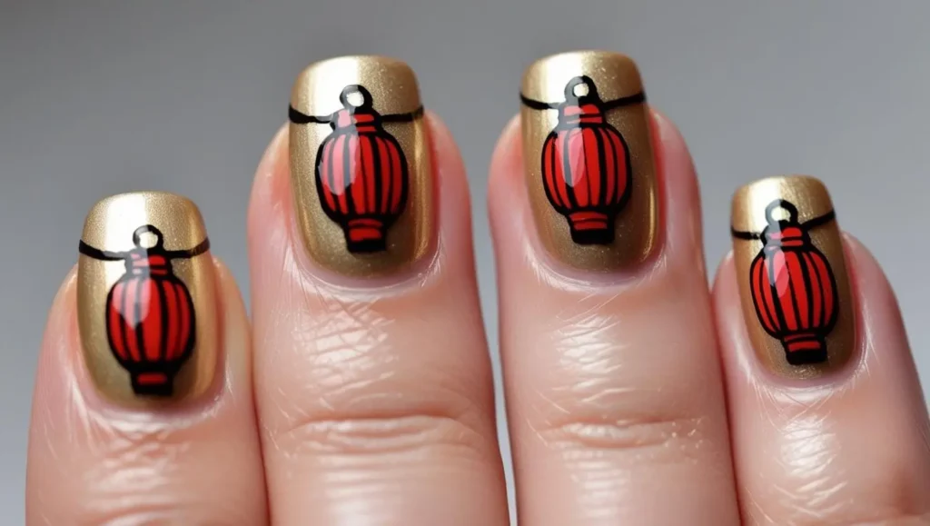 Gold nails with red lantern details