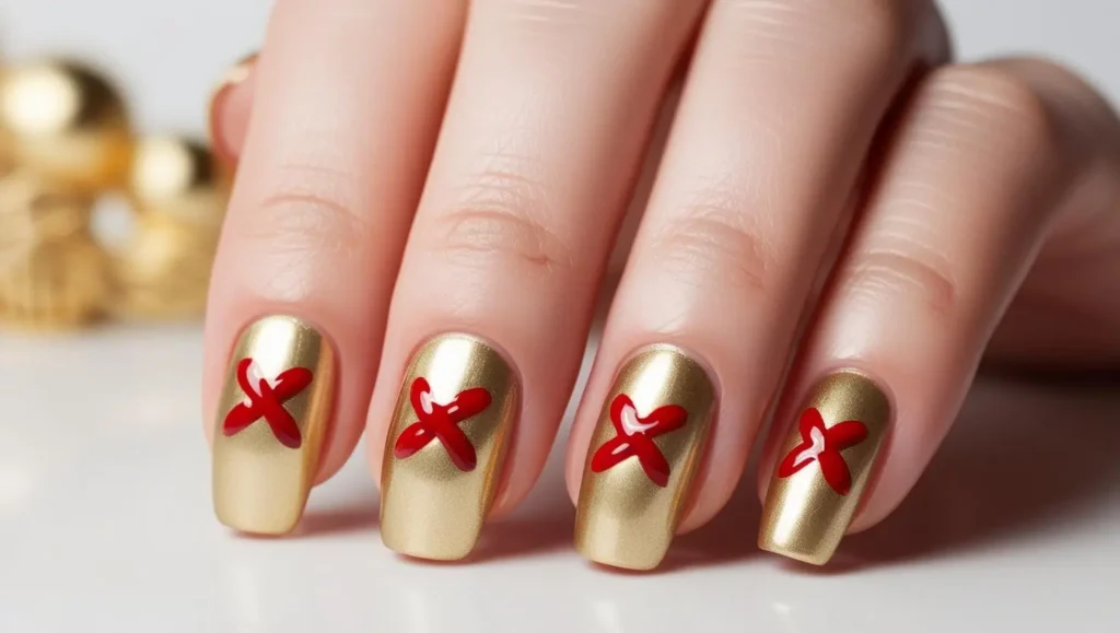 Gold nails with red lucky knot designs