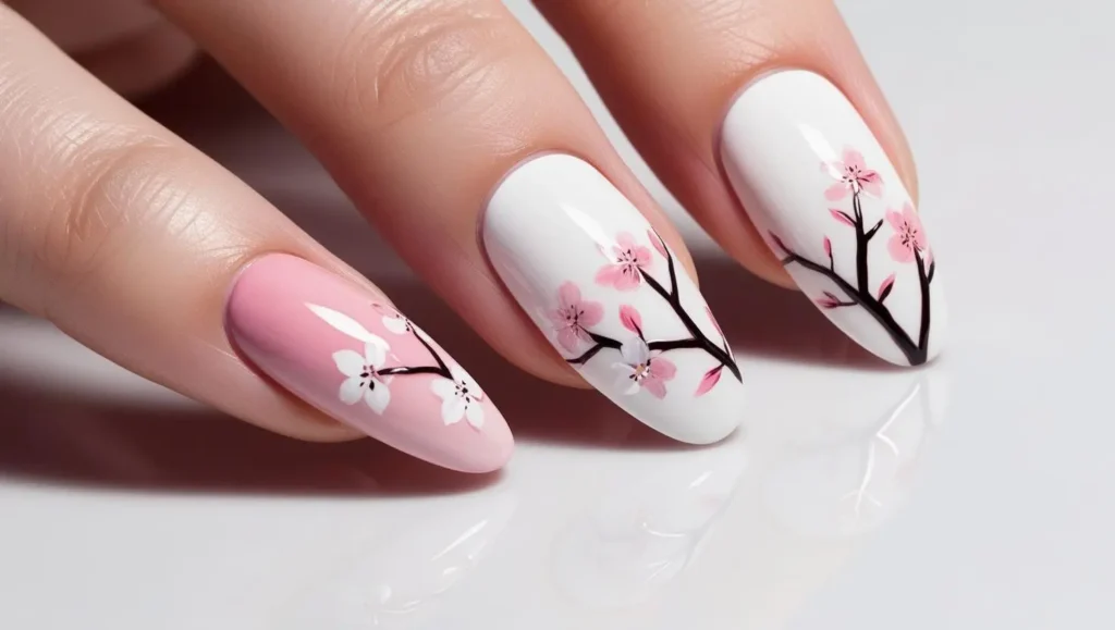 Gradient pink to white with cherry blossom details