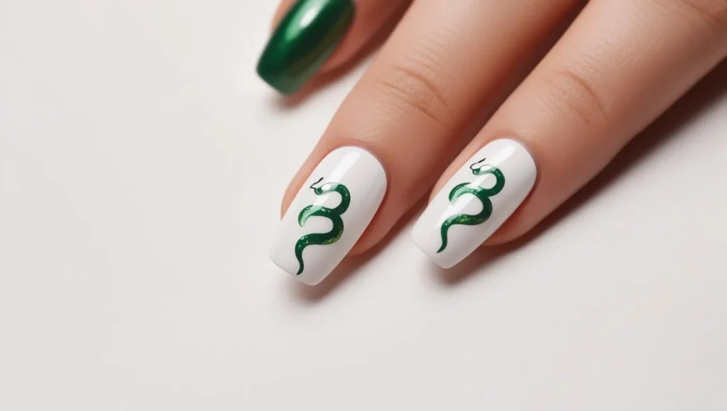 Green snake shape on white nails