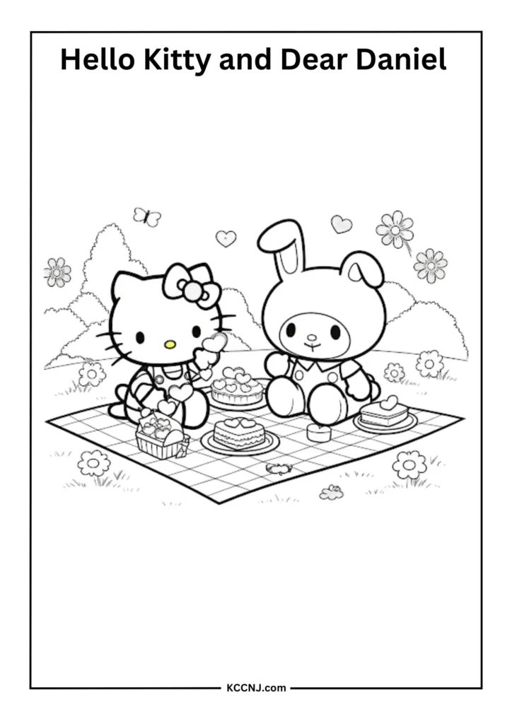 Hello Kitty and Dear Daniel sharing a romantic picnic with heart-shaped treats