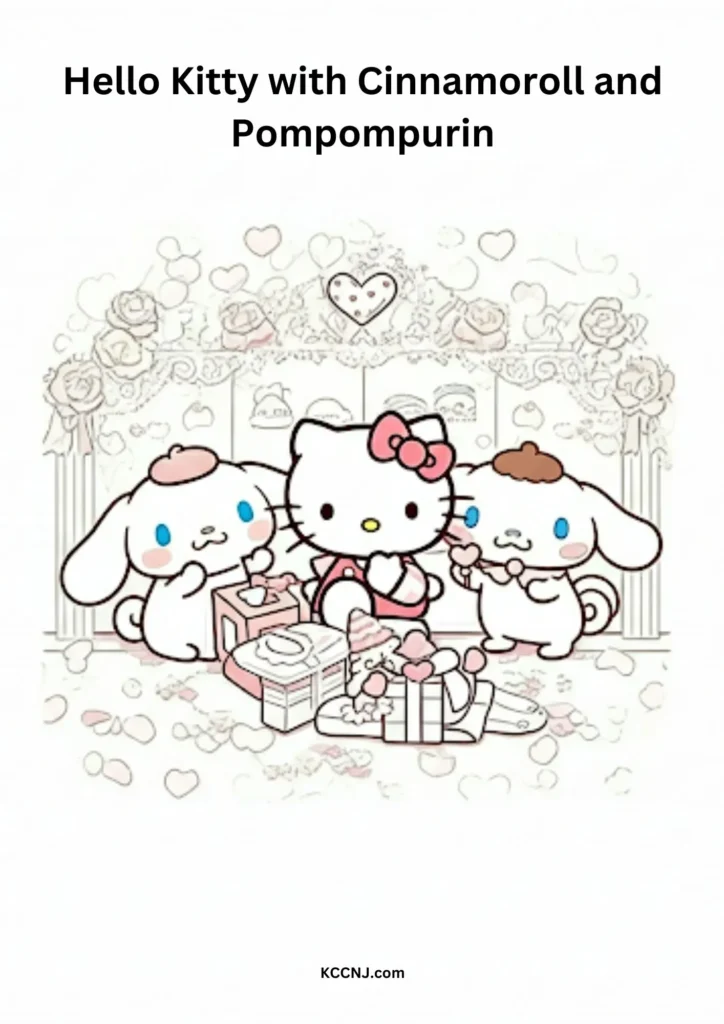 Hello Kitty having a Valentine's Day tea party with Cinnamoroll and Pompompurin