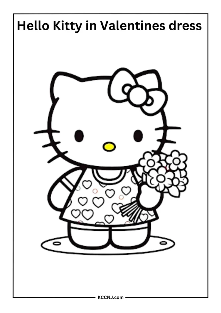 Hello Kitty wearing a dress covered in tiny hearts and holding a bouquet of flowers