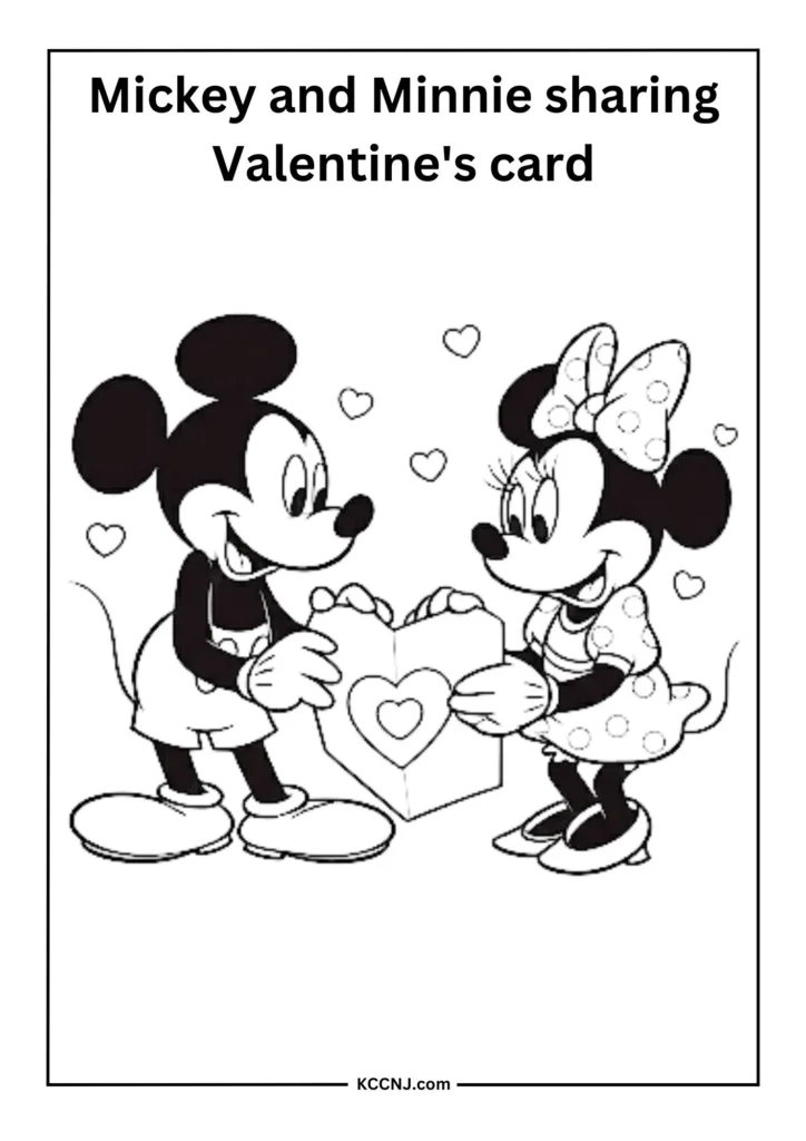 Mickey and Minnie sharing a heart-shaped Valentine's card