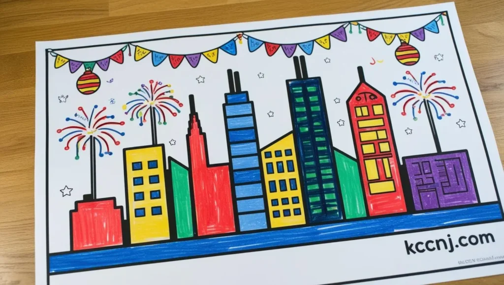 Modern city skyline with New Year decorations