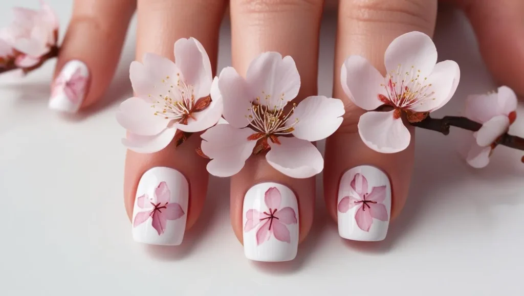 Pink cherry blossoms on white base