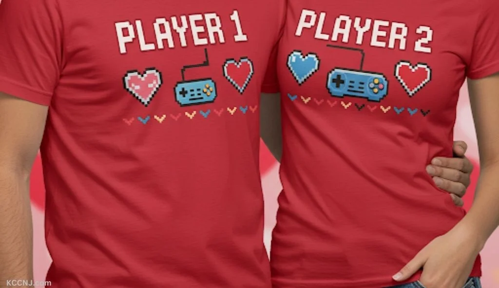 "Player 1" and "Player 2" gaming-inspired couple shirts