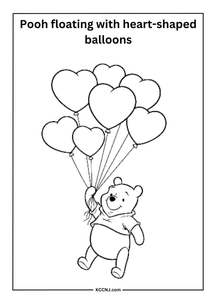 Pooh Floating with Heart-shaped Balloons