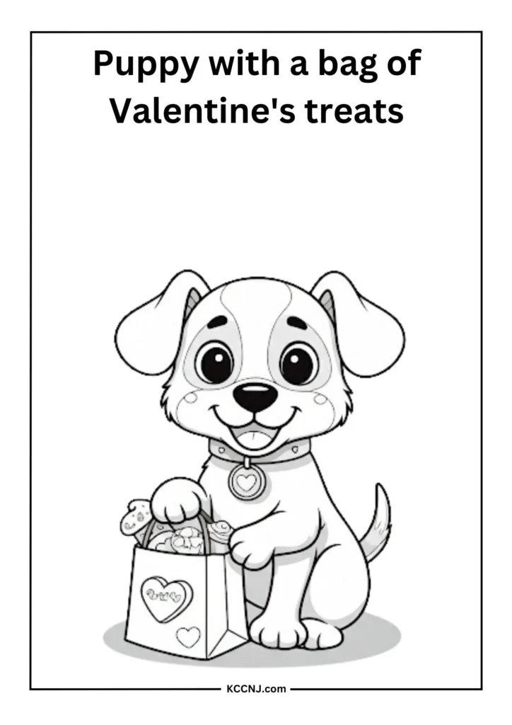 Puppy with a bag of Valentine's treats