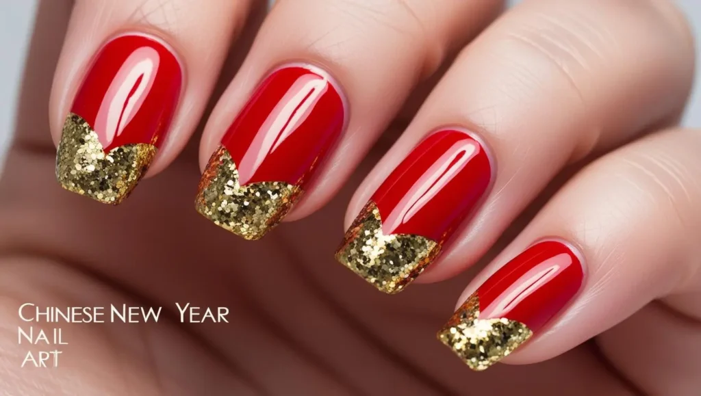 Red base with gold glitter tips