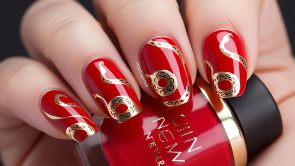 Red base with gold snake-inspired swirls