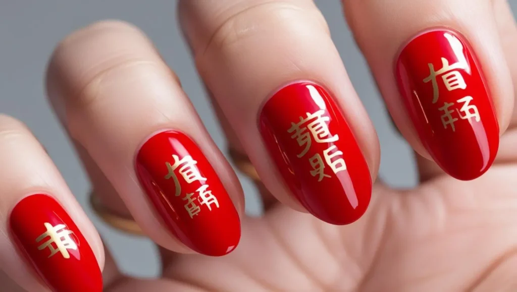 Red nails with gold Chinese characters