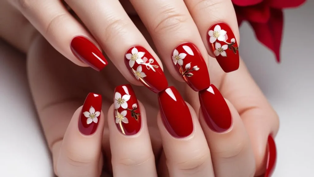 Red nails with gold cherry blossom accents