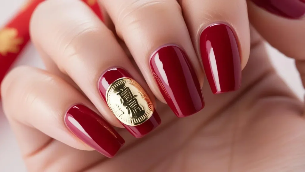 Red nails with gold coin designs