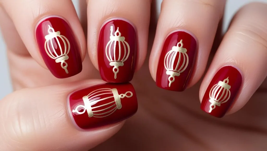 Red nails with gold lantern outlines