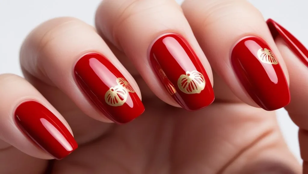 Red nails with gold mandarin orange accents