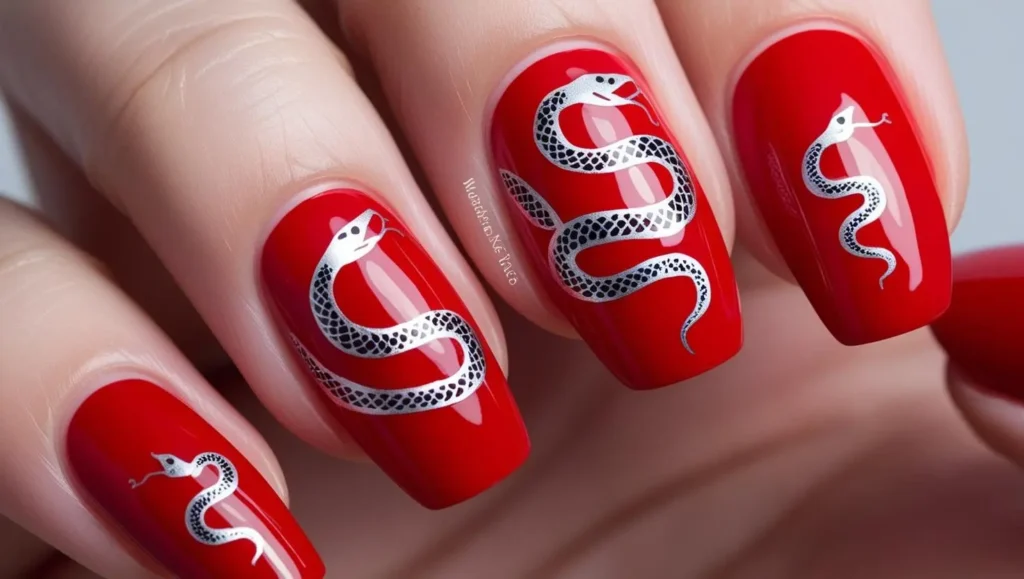 Red nails with silver coiled snake design