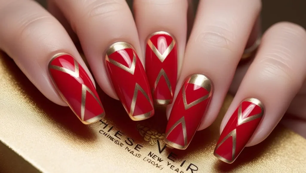 Red triangles on a gold base chinese nail art