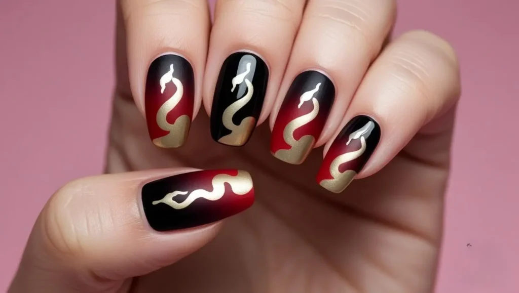 Snake silhouette gradient across multiple nails