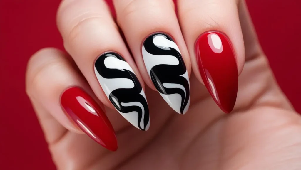 Snake silhouette in negative space on red nails