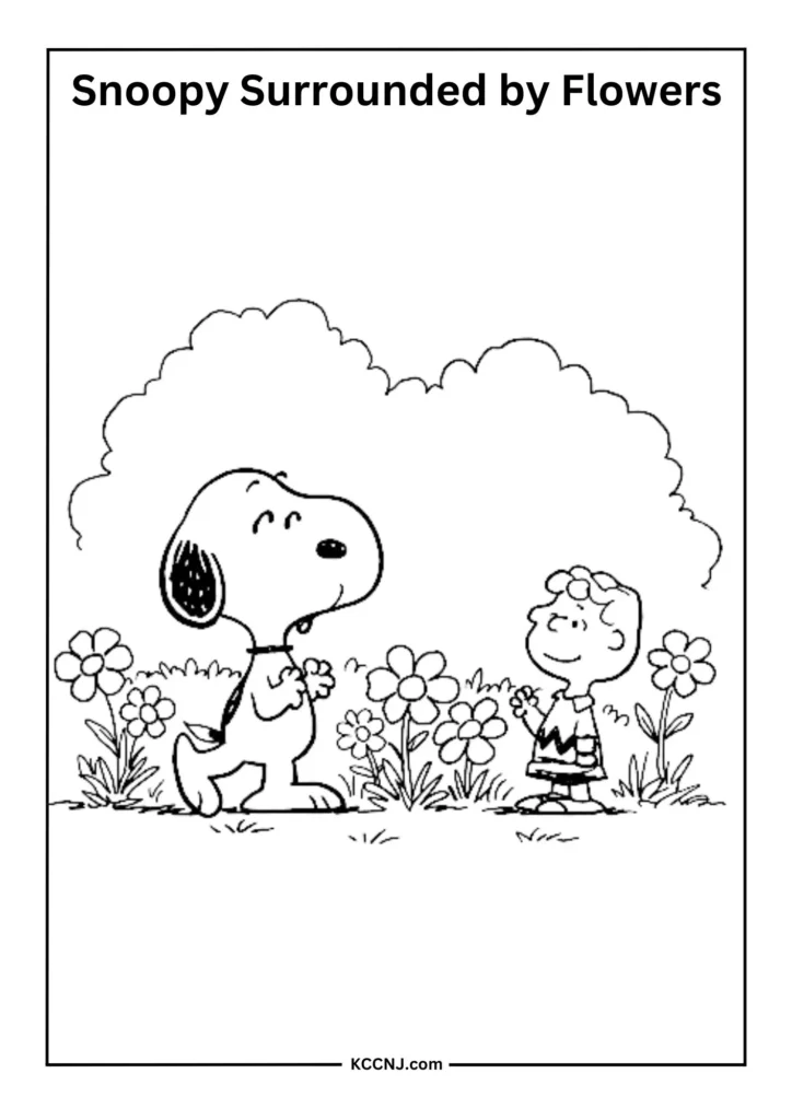 Snoopy Surrounded by Flowers Coloring Page