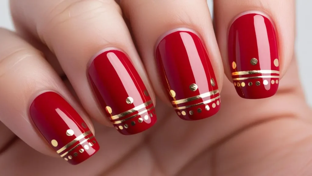 Solid red nails with gold accents