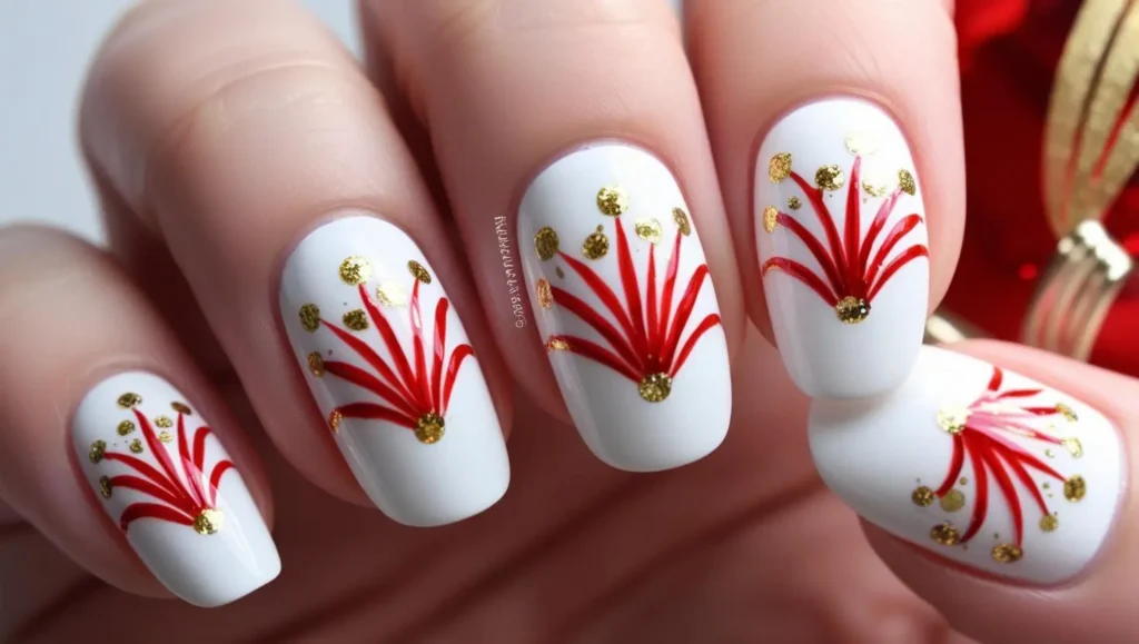 White nails with red and gold fireworks