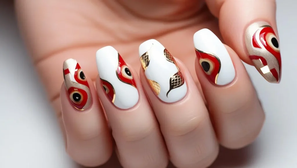 White nails with red and gold snake eye details