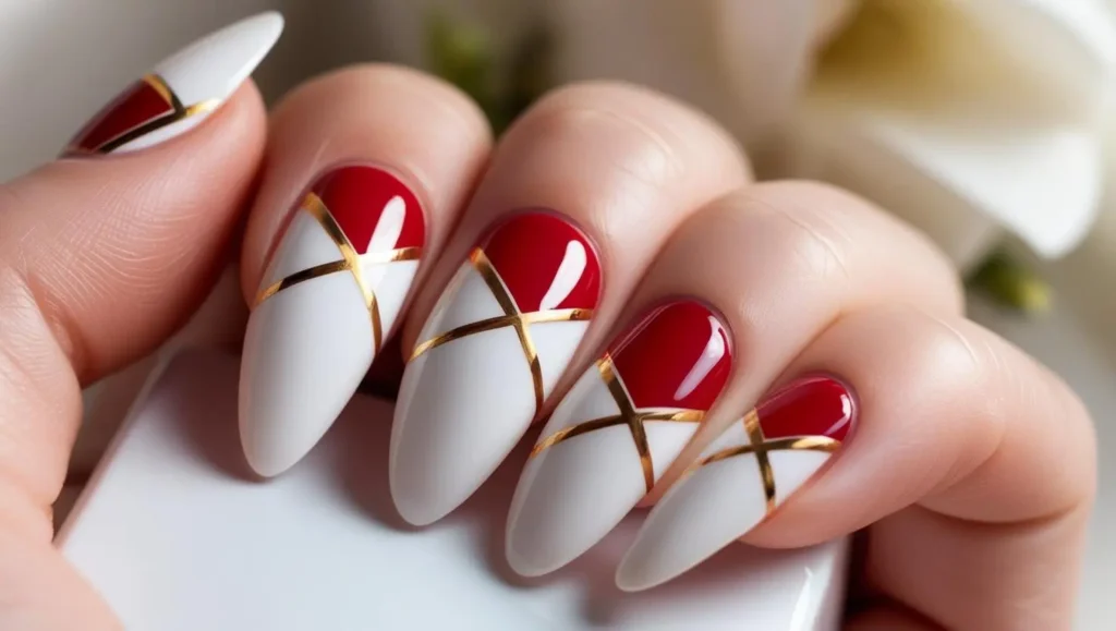 White nails with red and gold squares