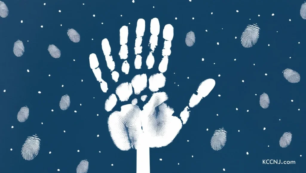 blue background and white fingerprints for falling snow around a handprint tree