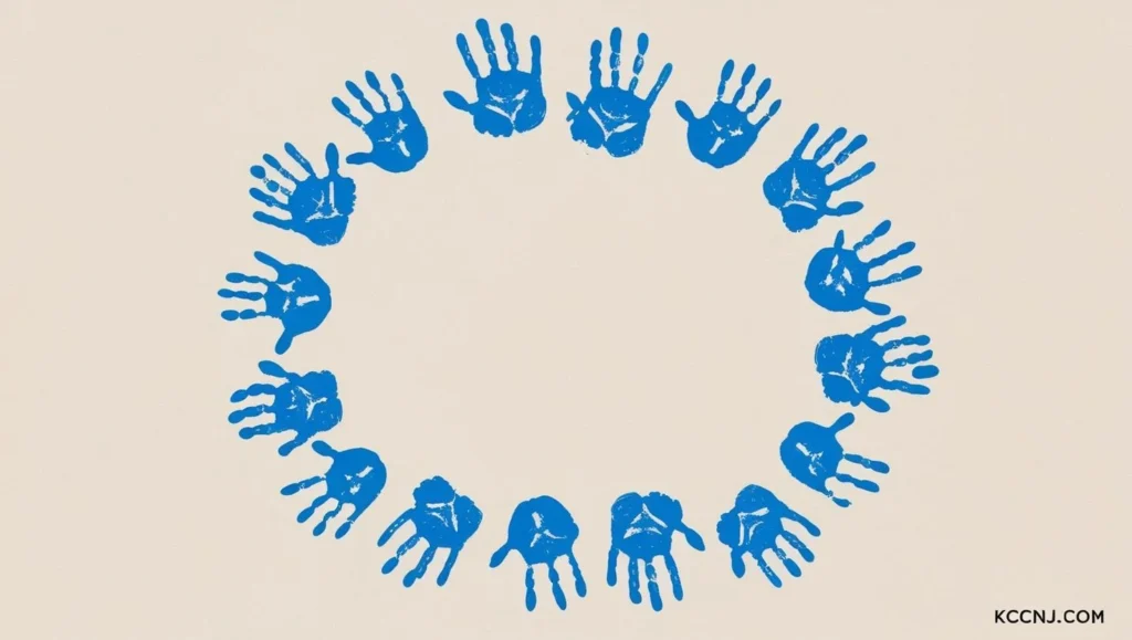 blue handprints drawing in a circle to form a wreath